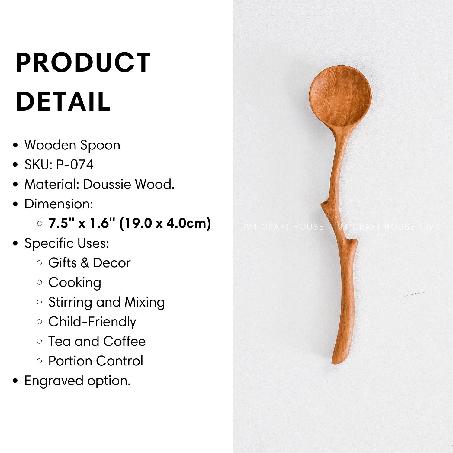 Size and product details of the 7.5-inch branch handle wooden spoon