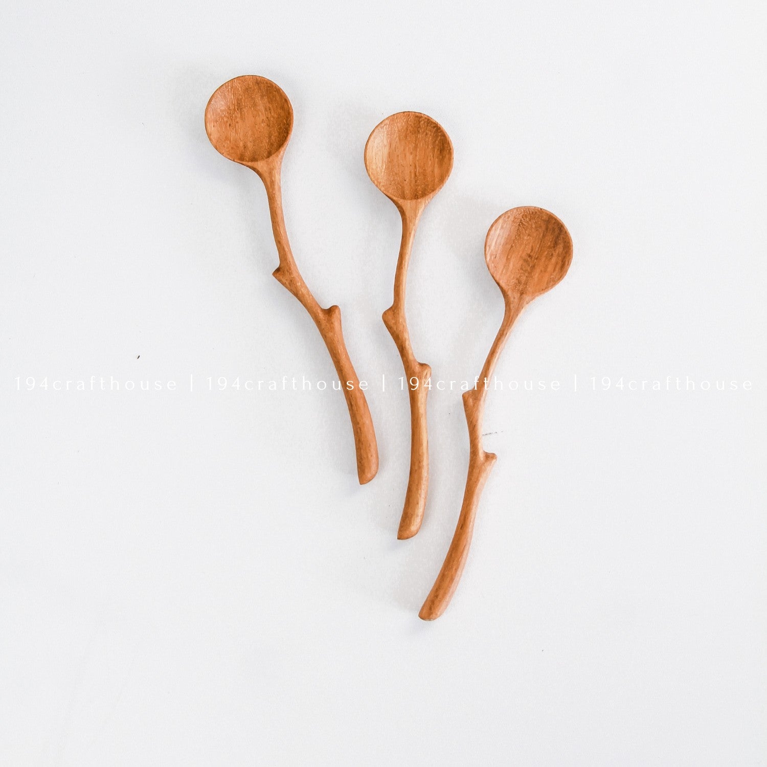 Three unique branch handle wooden spoons for stirring, serving, and gifting