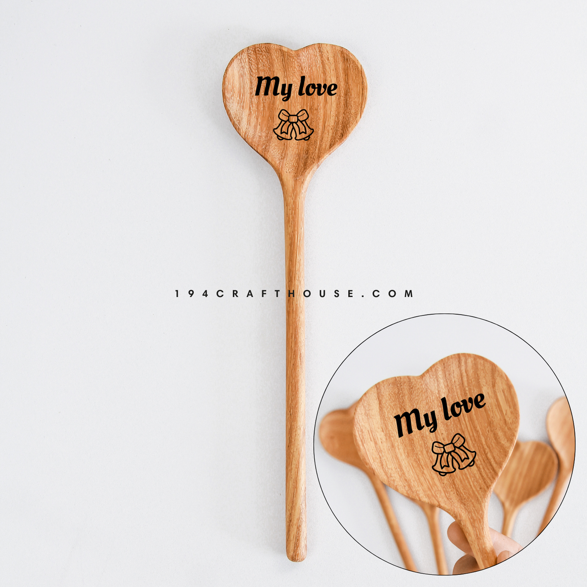 Top view of wooden heart-shaped spoon with 'My love' text and ribbon icon, inset