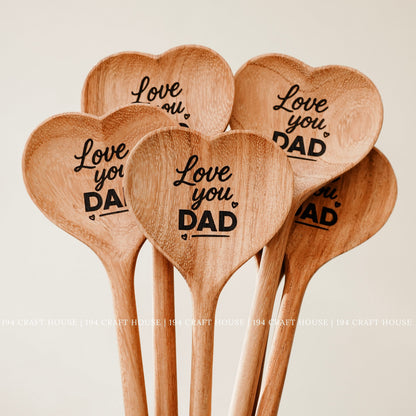 Set of heart-shaped wooden spoons with Love You Dad engraving for a handcrafted Father's Day gift