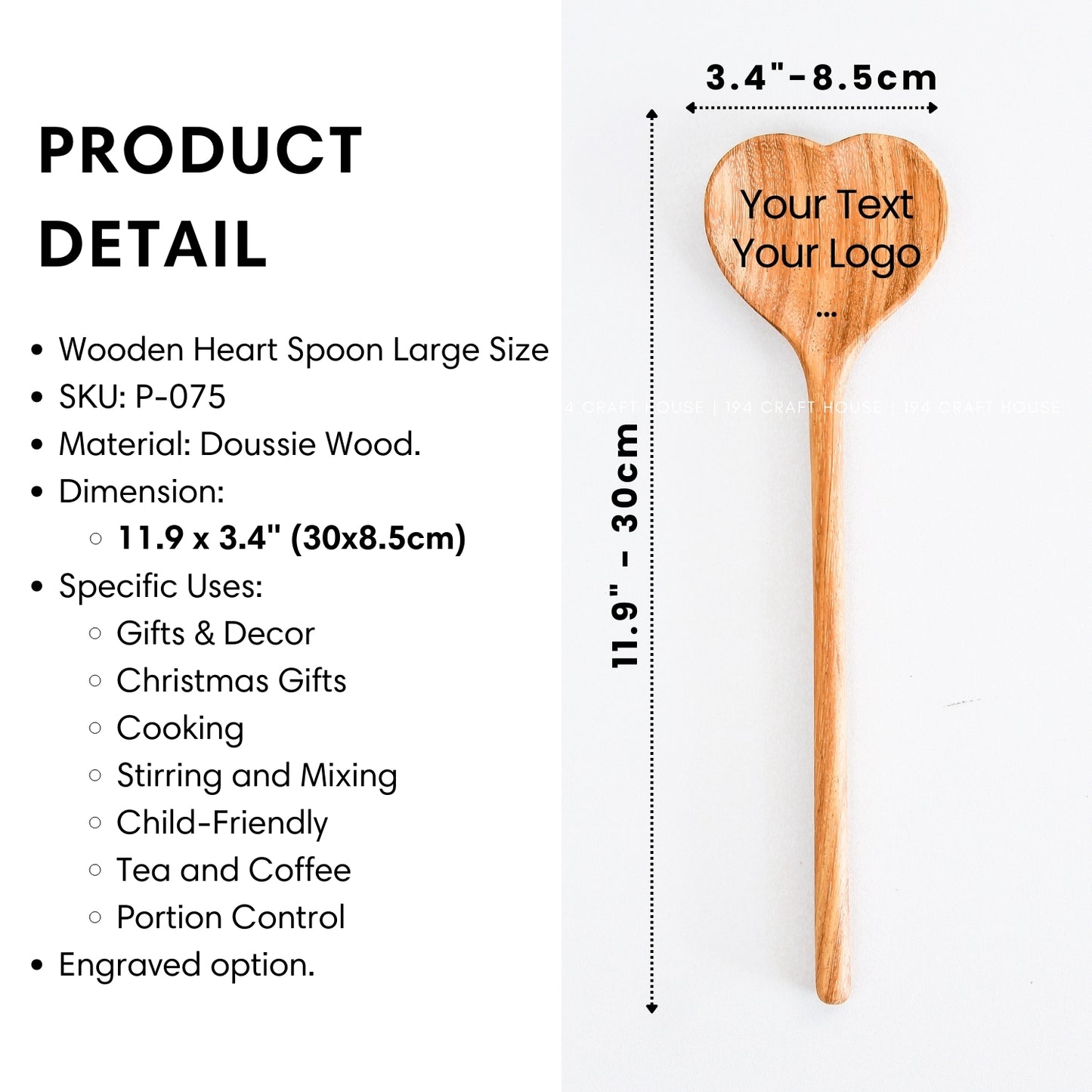 Product details and size of a personalized heart-shaped wooden spoon with custom engraving