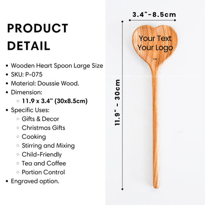 Product details and size of a personalized heart-shaped wooden spoon with custom engraving