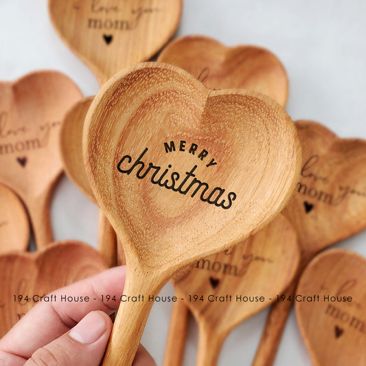 Merry Christmas Engraved Wooden Heart Spoon - No.1