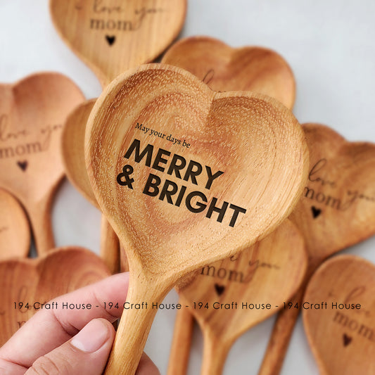 Merry and Bright Engraved Wooden Heart Spoon