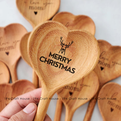 Merry Christmas Engraved Wooden Heart Spoon - No.12