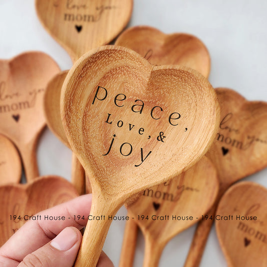 Peace, Love, Joy Engraved Wooden Heart Spoon - Christmas Gifts