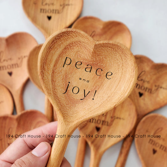 Peace and Joy! Engraved Wooden Heart Spoon - Christmas Gifts