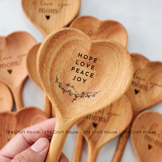 Hope Love Peace Joy Engraved Wooden Heart Spoon - Christmas Gifts