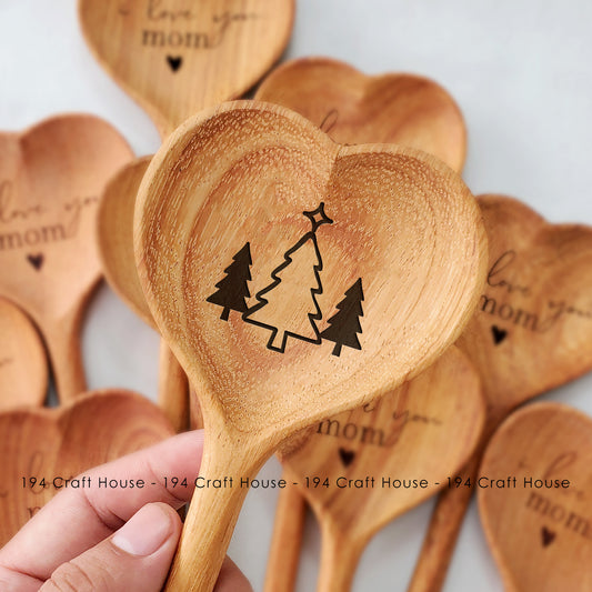 Christmas Tree Engraved Wooden Heart Spoon - Christmas Gifts No.2