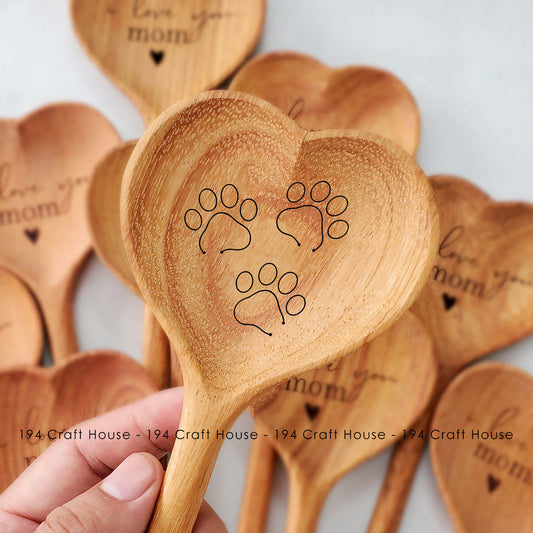 Bear Paw Print Engraved Wooden Heart Spoon - Christmas Gifts