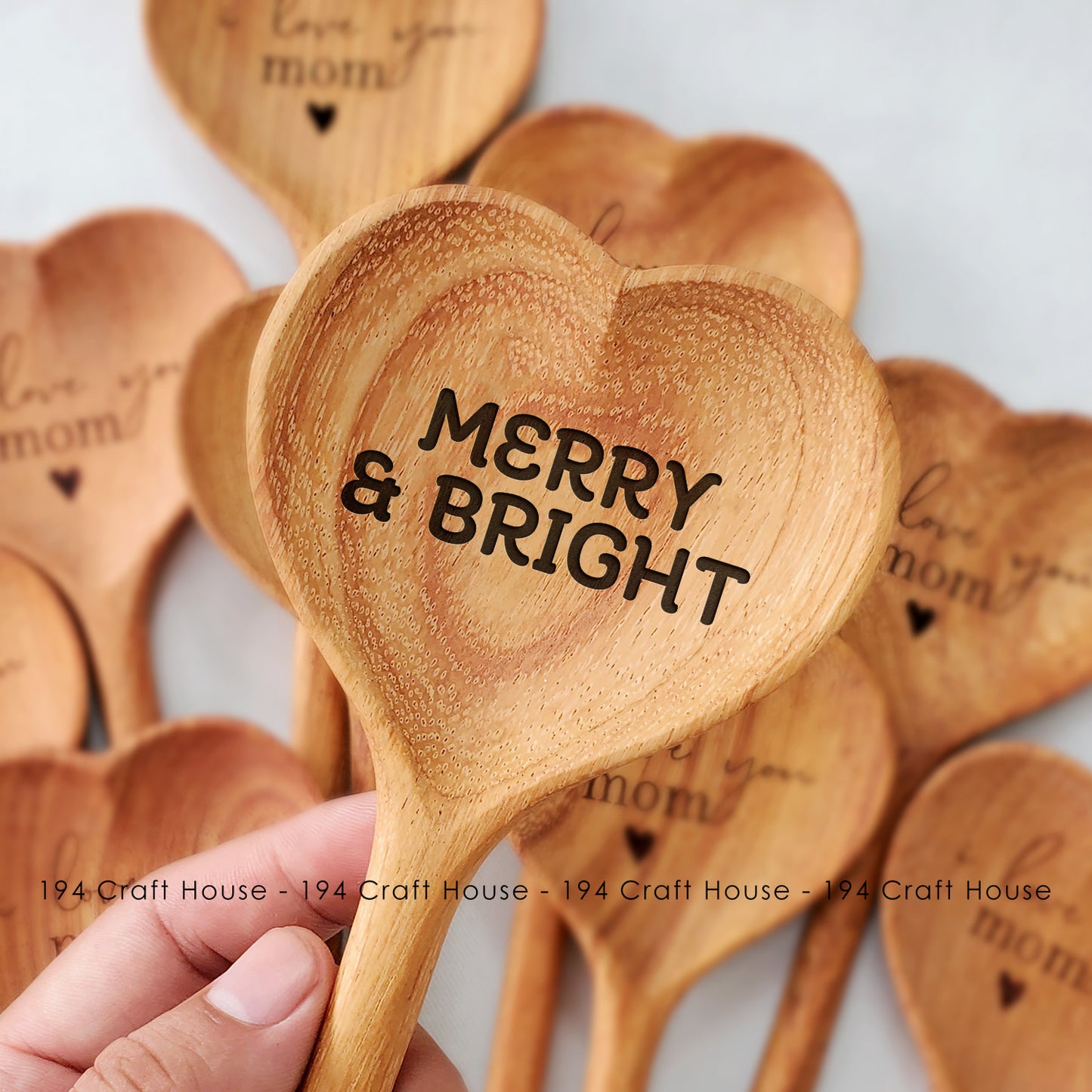 Merry & Bright Engraved Wooden Heart Spoon - Christmas Gifts