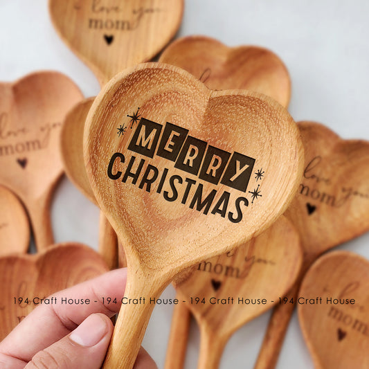 Merry Christmas Engraved Wooden Heart Spoon - No.7