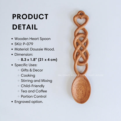 Size and product details of the hand-carved Welsh love spoon with heart and chain design