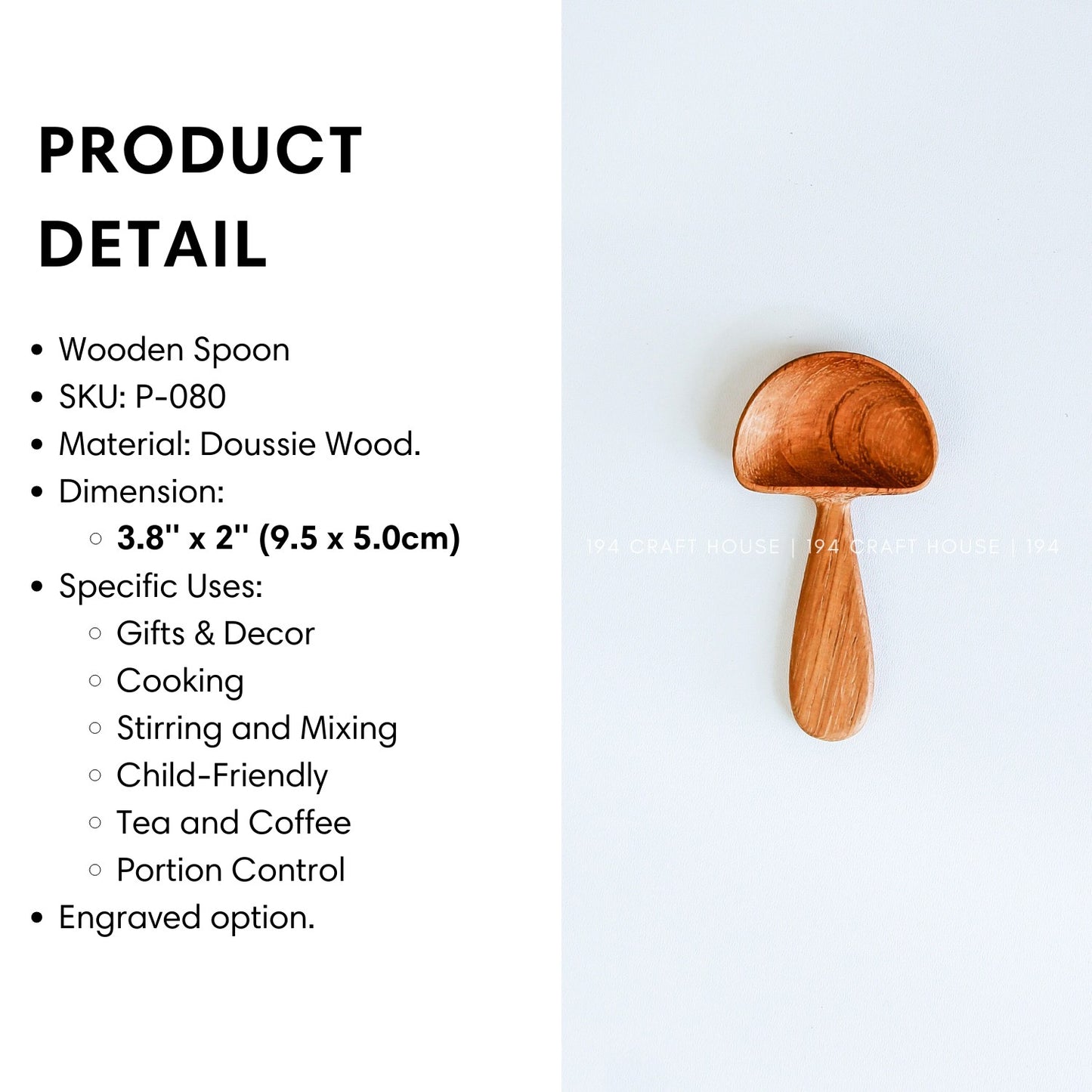 Size and product details of the handcrafted wooden mushroom spoon