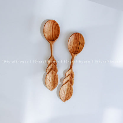 Hand Carved Leaf Handle Wooden Spoon - Kitchen Serving Utensils