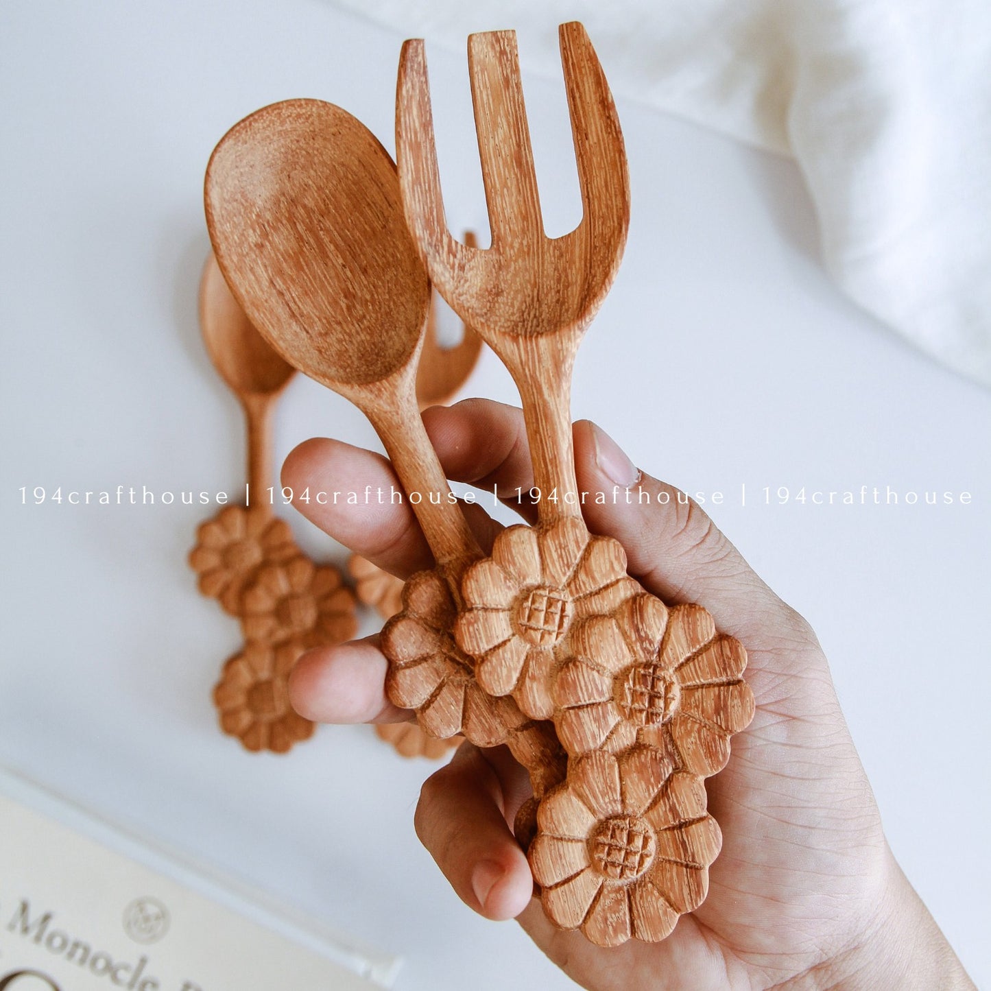 Three Flowers Wooden Spoon & Fork Set - Christmas Decor & Gifts