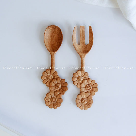 Three Flowers Wooden Spoon & Fork Set - Christmas Decor & Gifts