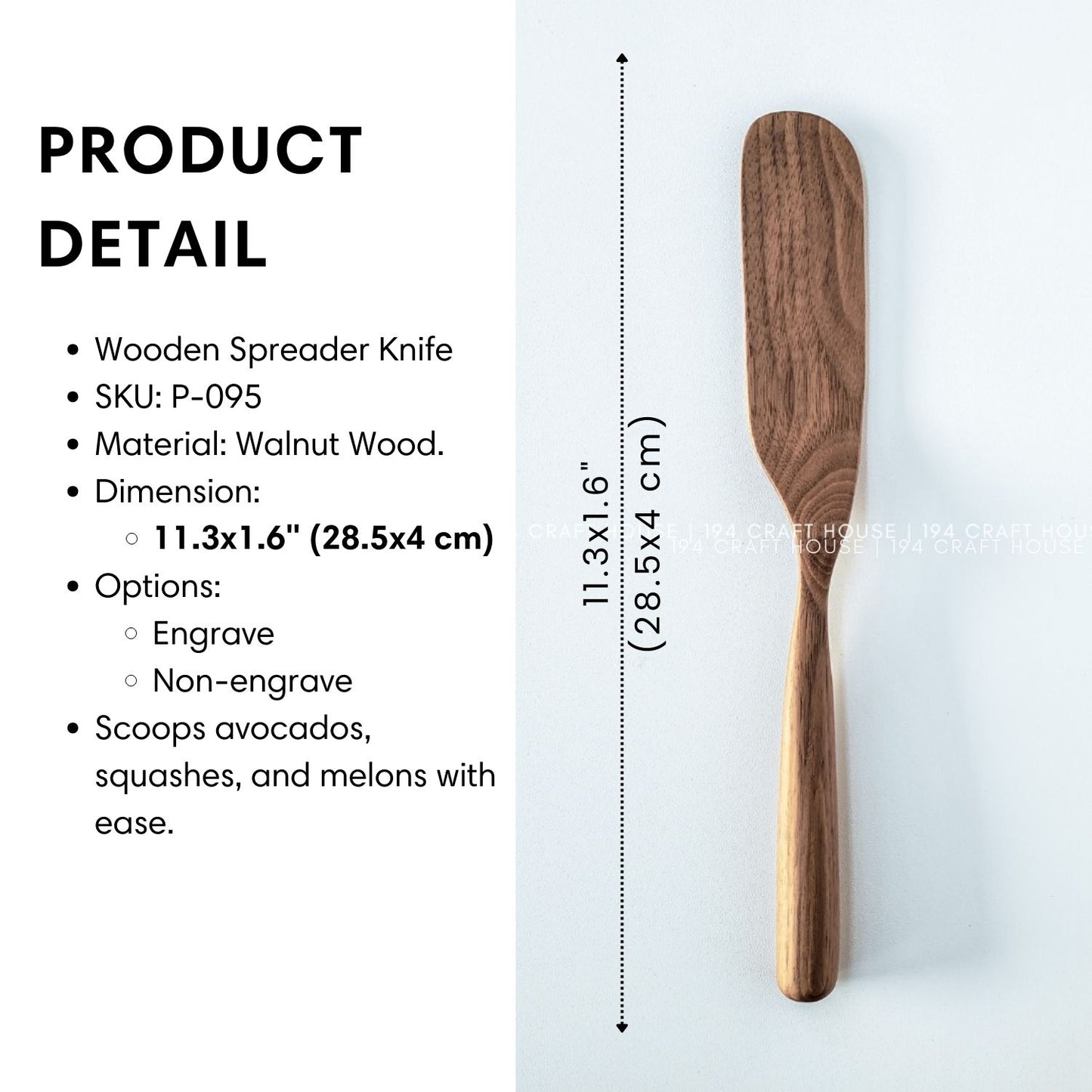 Product dimensions and details of the walnut wooden spreader knife