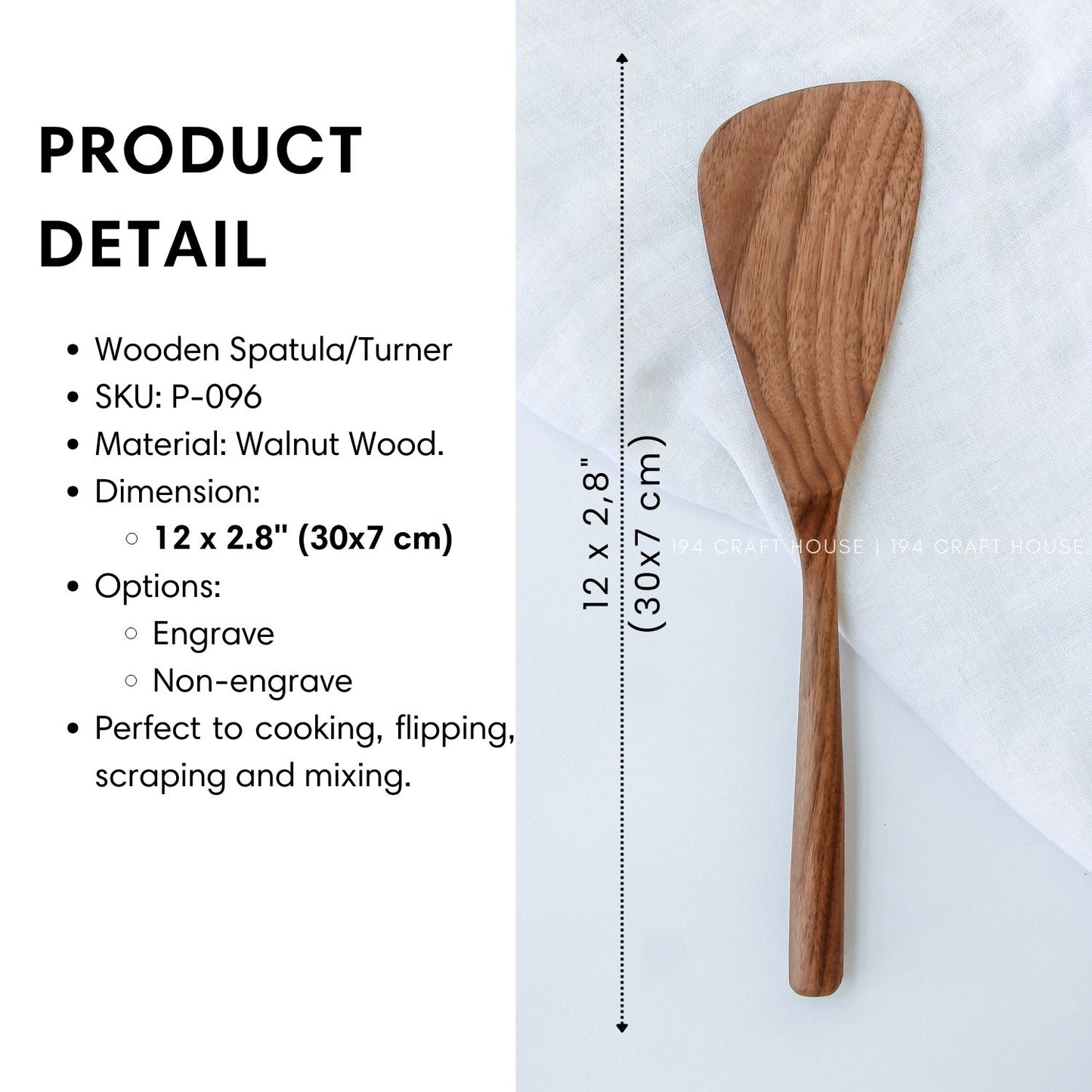 Size and product details of the 12-inch handcrafted walnut wood spatula