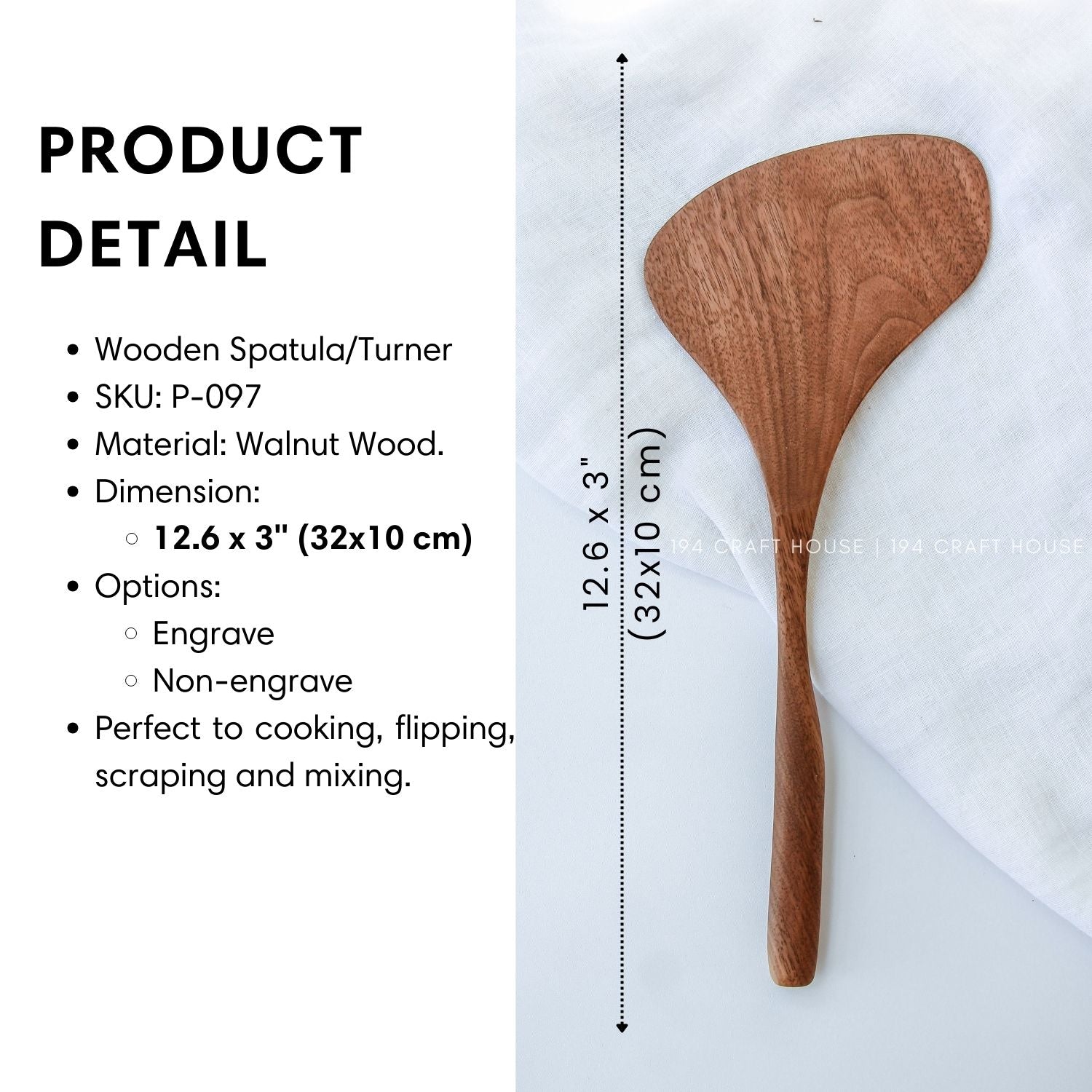 Size and product details of the 13-inch large walnut wood spatula
