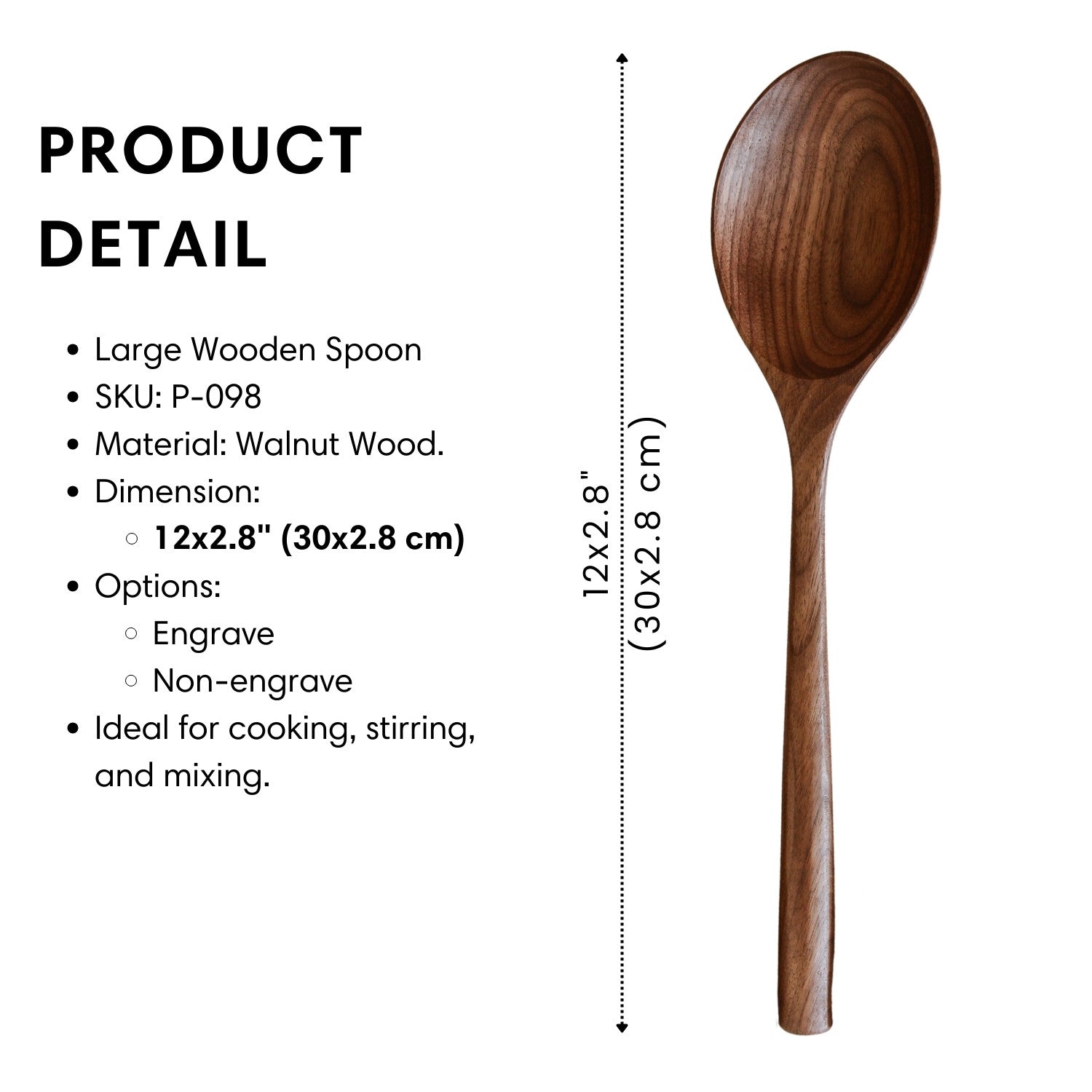 Size and product details of the large walnut wooden serving spoon
