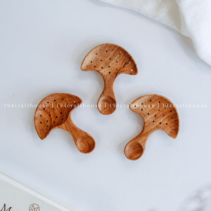 Hand-carved Doussie wood spoon featuring a detailed mushroom cap handle on a seamless white background.