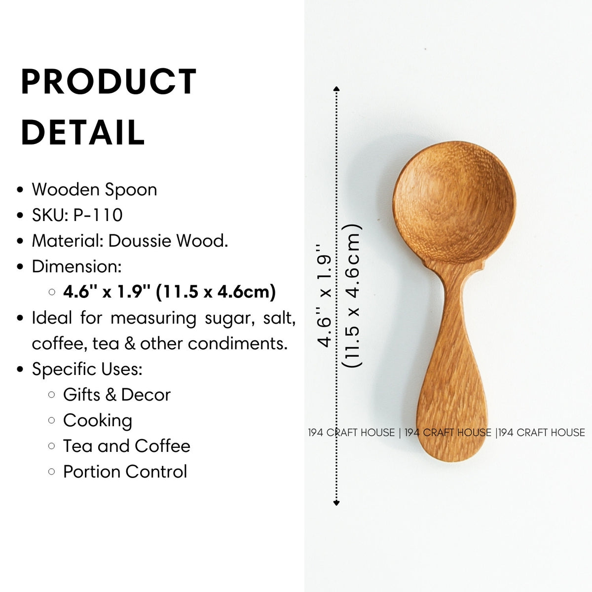 Wooden measuring spoon shown with dimensions and product information beside it
