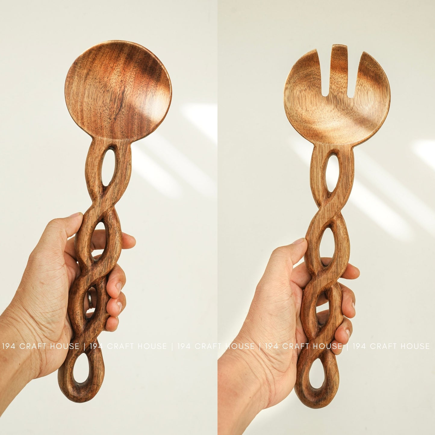 Handcrafted wooden salad server set with product size and dimensions