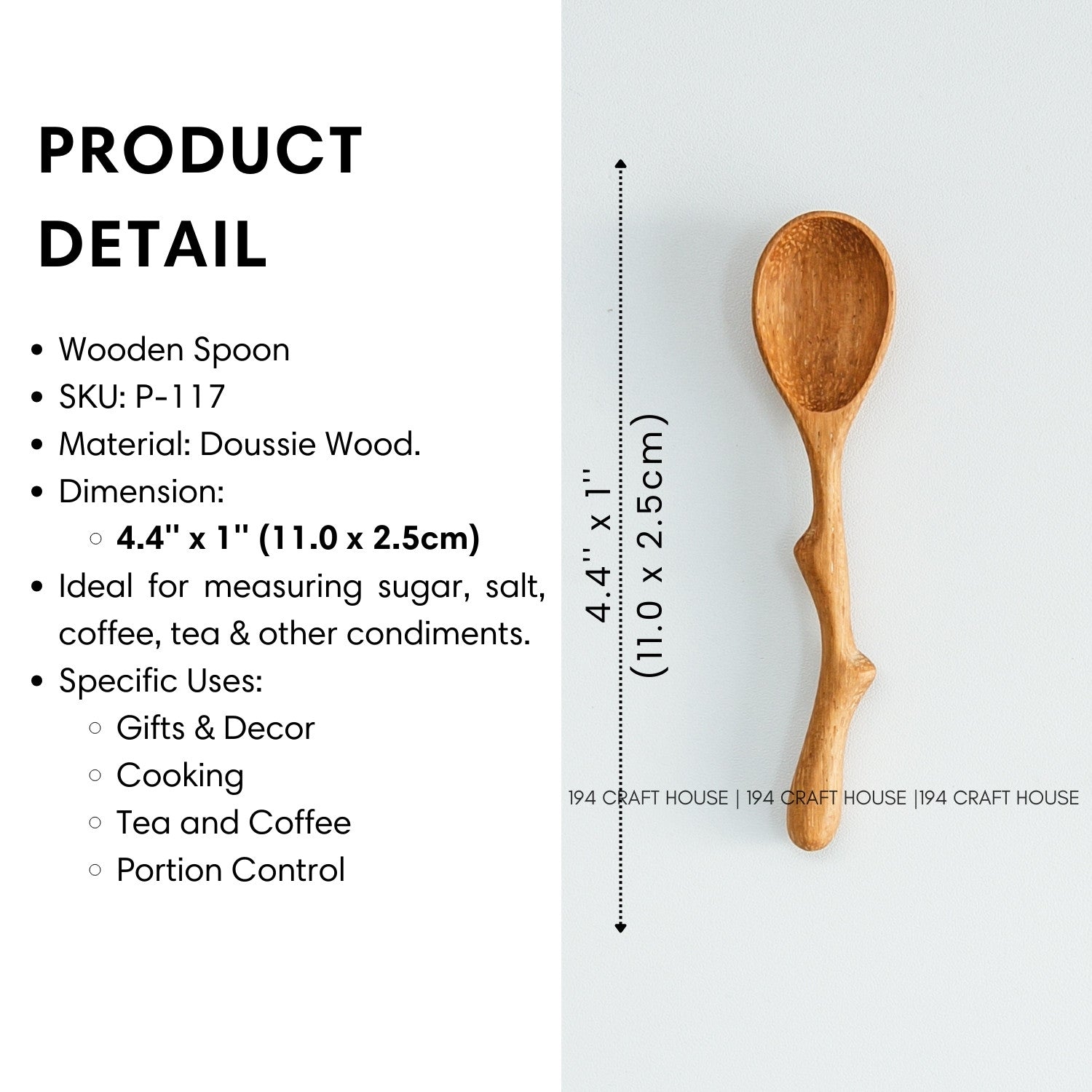 Size and product details of the twig handle wooden spice spoon