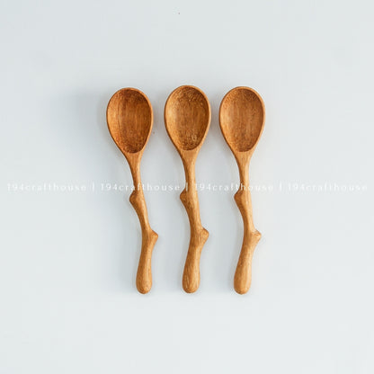 Set of three handcrafted twig handle wooden spice spoons
