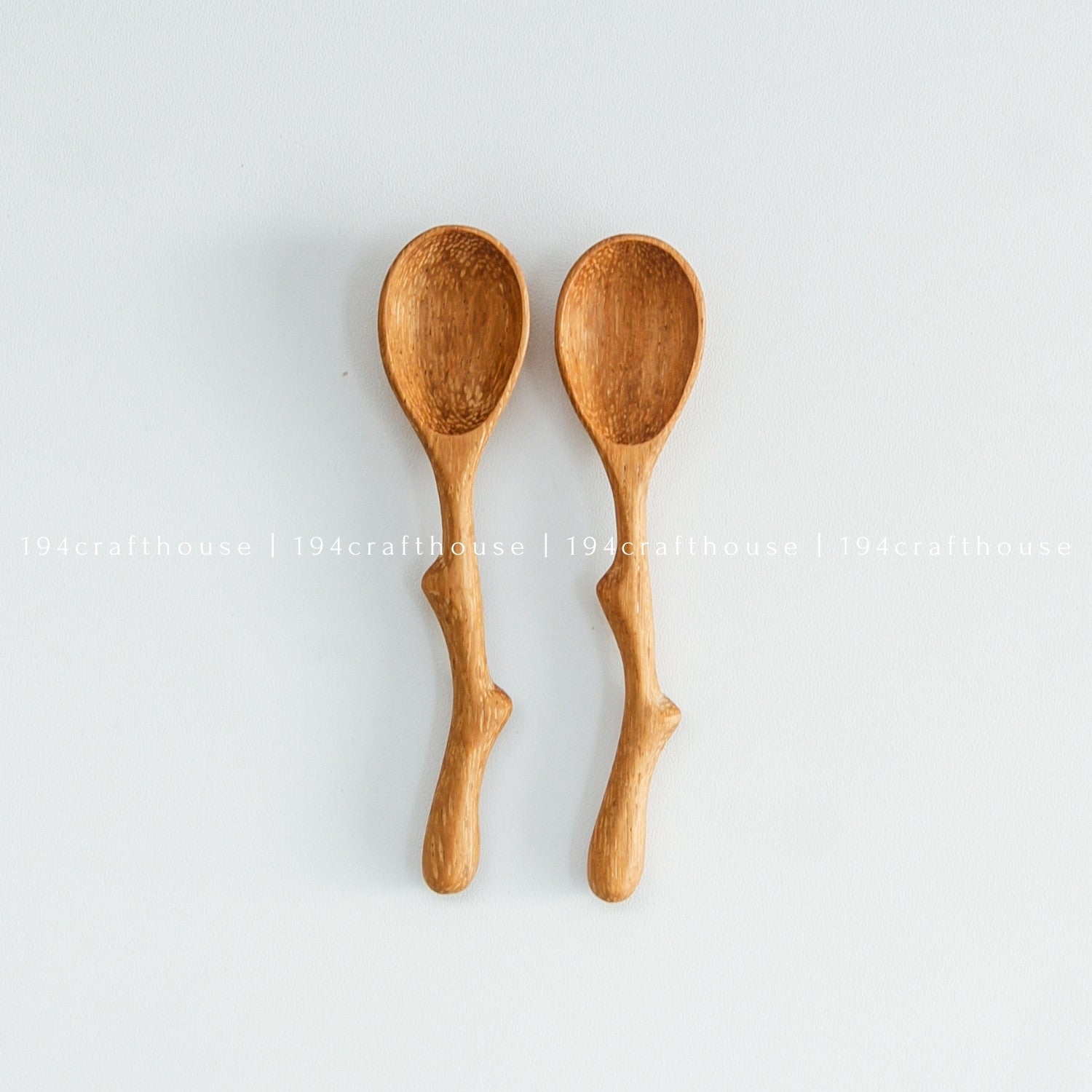 Set of two handcrafted twig handle wooden spice spoons