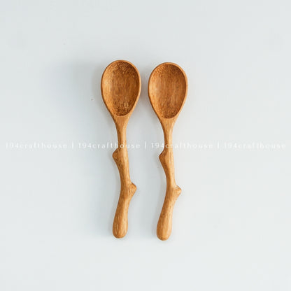 Set of two handcrafted twig handle wooden spice spoons