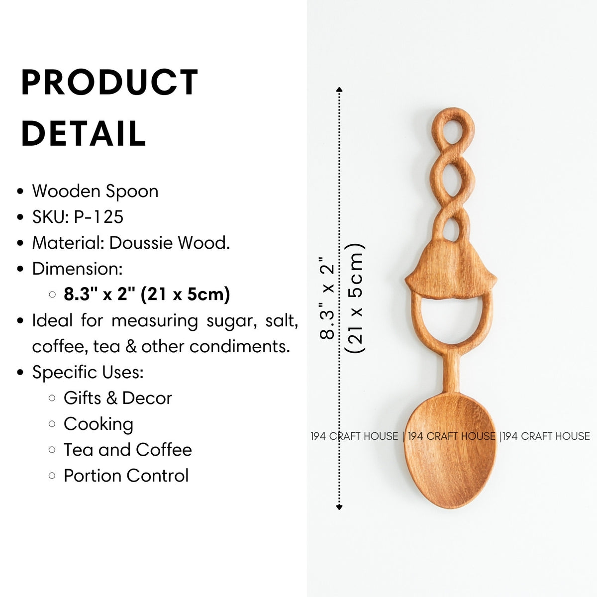 P-125 Doussie wood spoon beside product information showing a length of 21 cm and width of 5 cm.