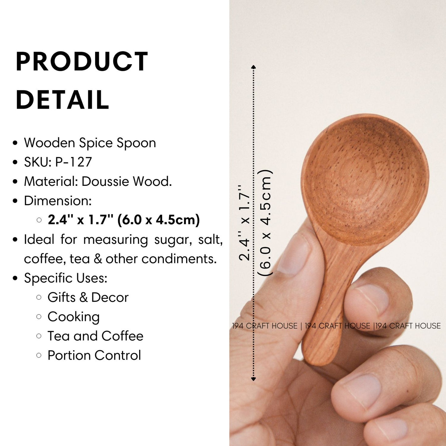 Size and product details of a handcrafted mini wooden spoon for spices and dry ingredients