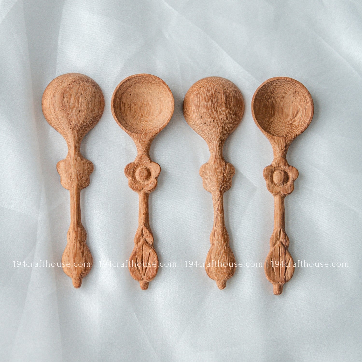 Set of five handcrafted flower-handle wooden spice spoons for measuring and serving small ingredients