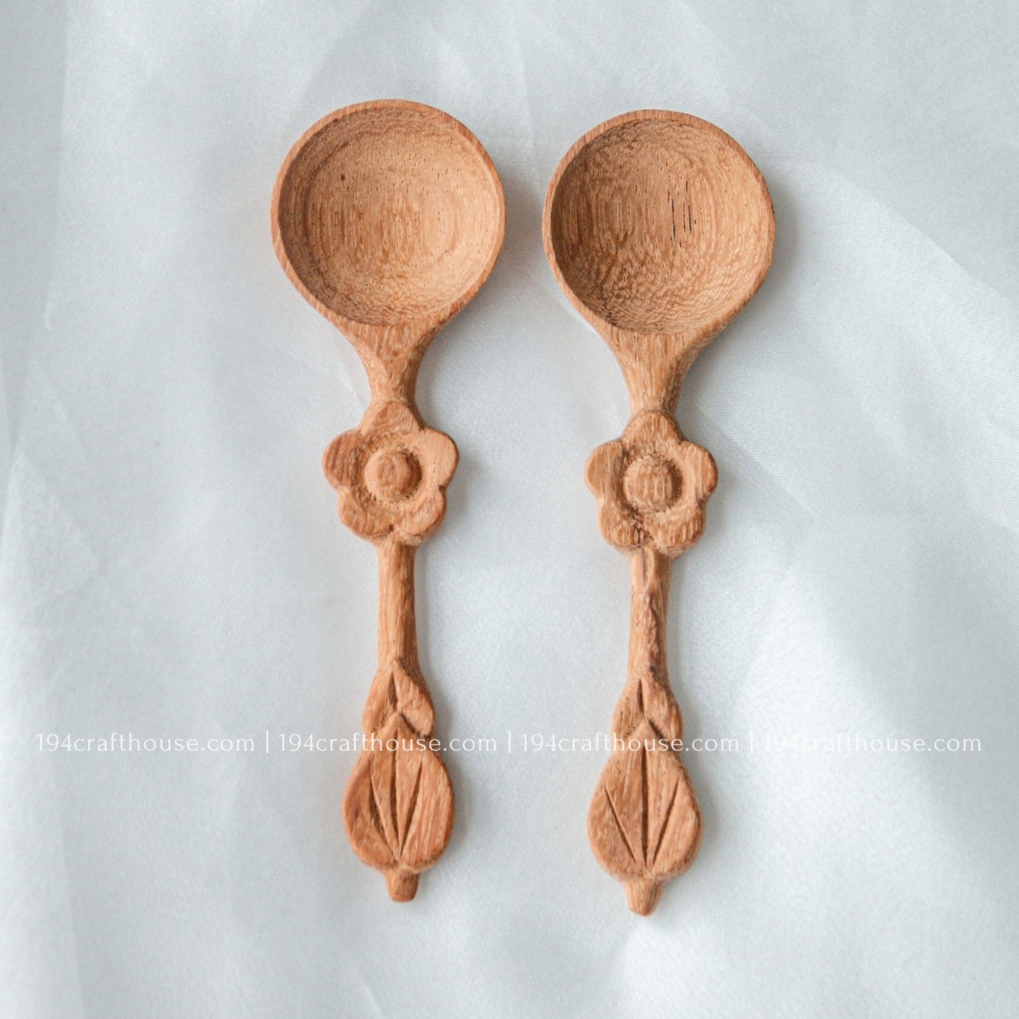Set of two handcrafted flower-handle wooden spice spoons for tea, coffee, spices, sugar, and condiments
