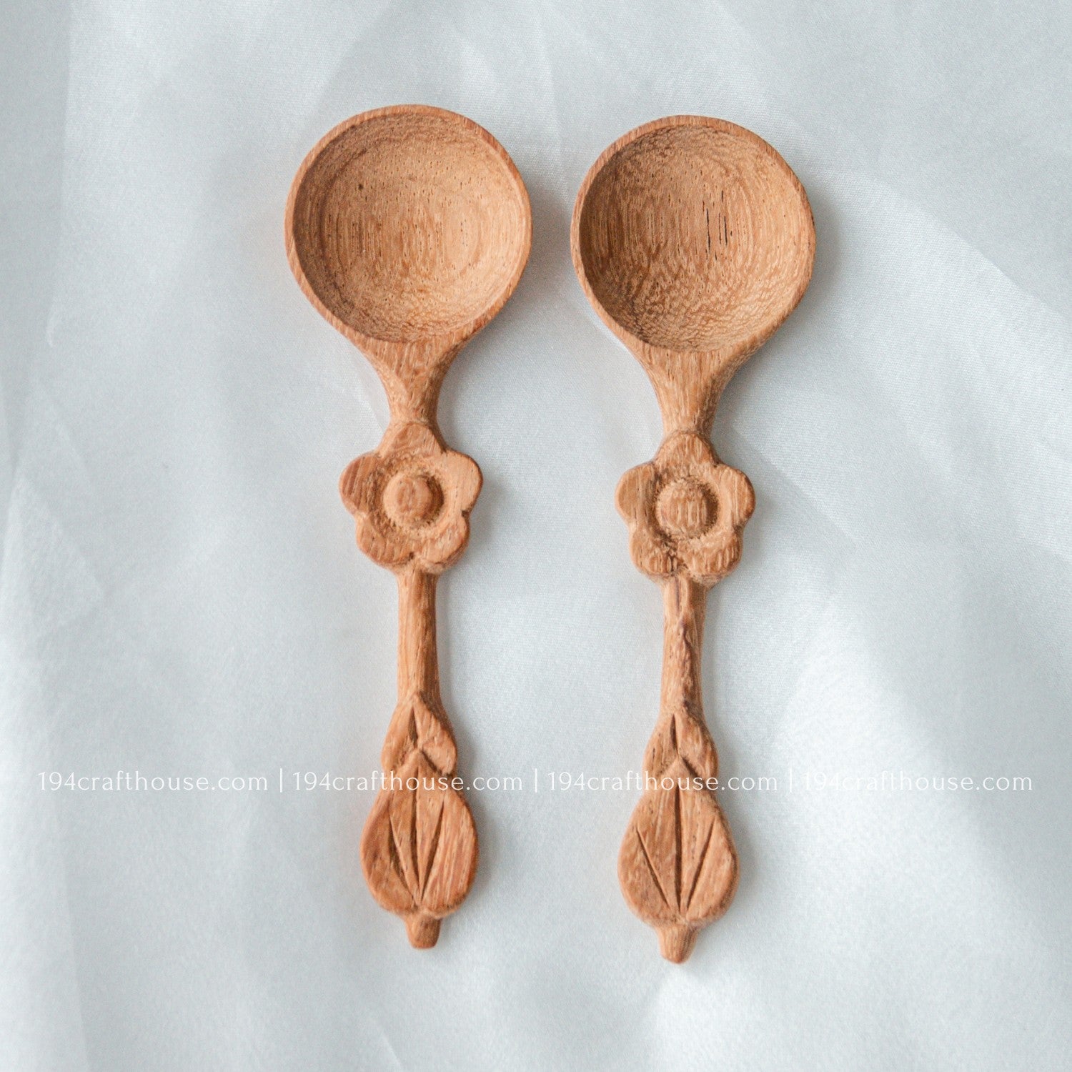 Set of two handcrafted flower-handle wooden spice spoons for tea, coffee, spices, sugar, and condiments