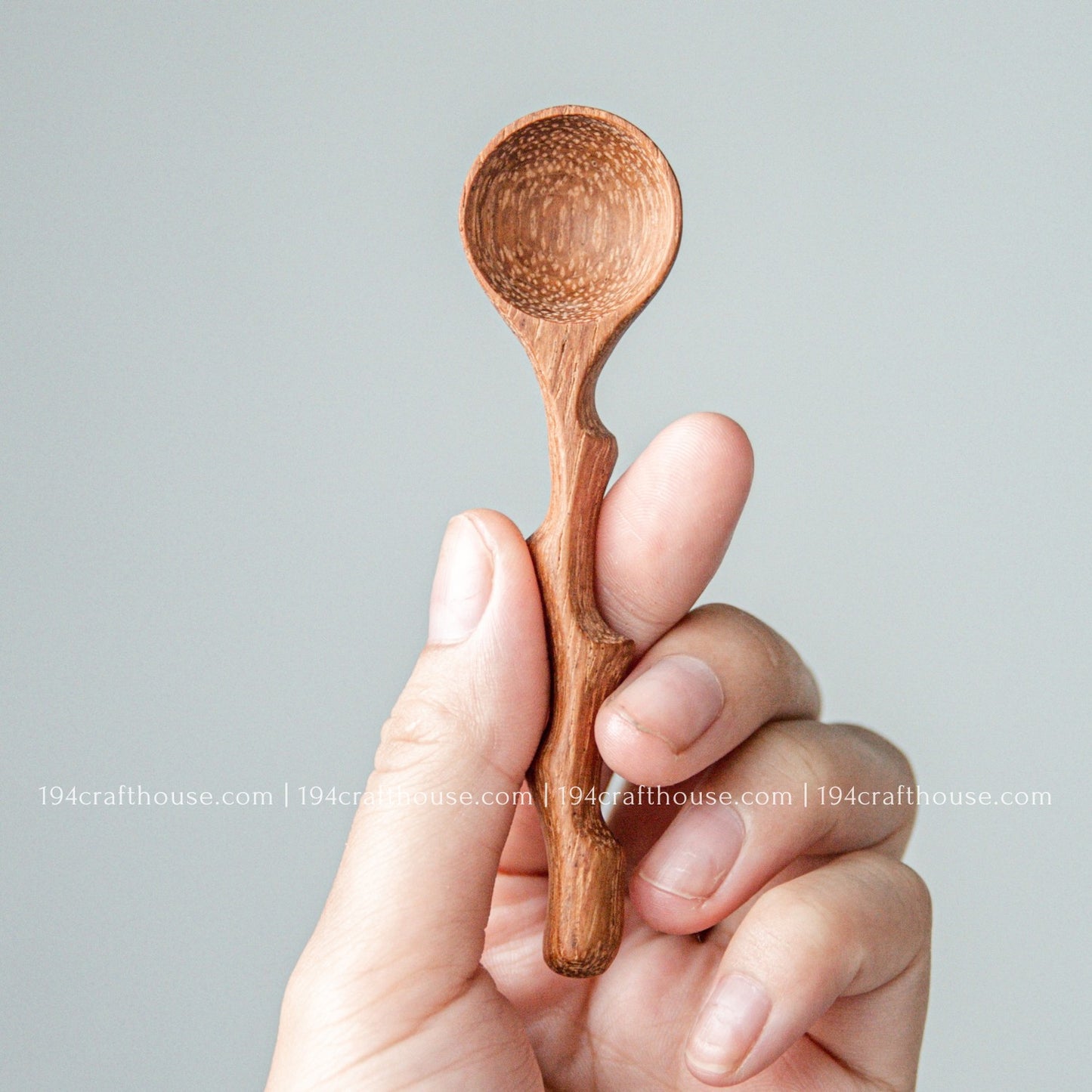 Handcrafted branch-tree wooden spice spoon held in hand to show its size, rustic handle, and natural wood grain