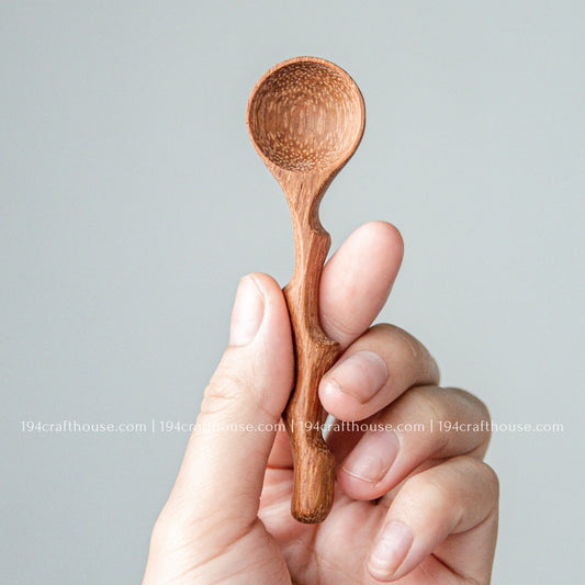Handcrafted branch-tree wooden spice spoon held in hand to show its size, rustic handle, and natural wood grain