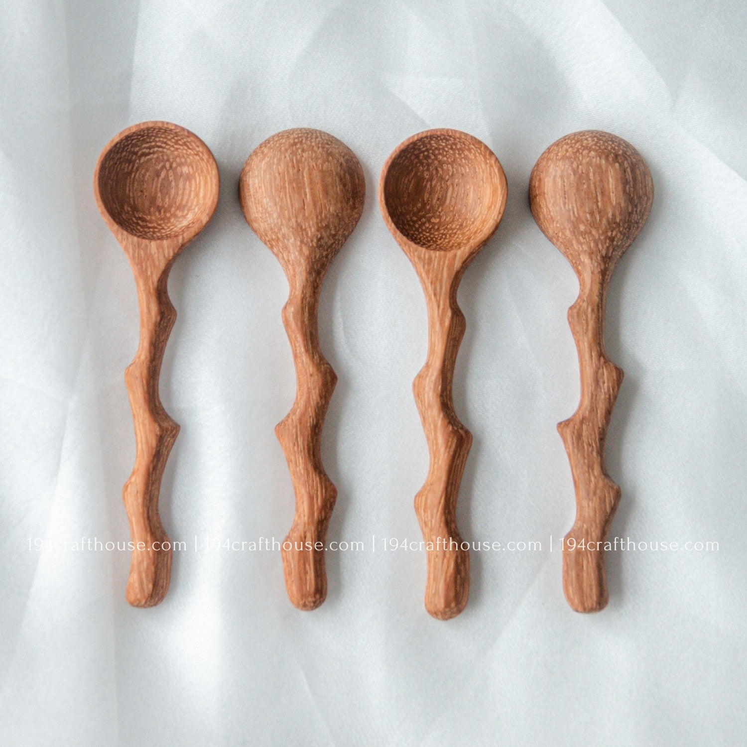 Set of five handcrafted branch-tree wooden spice spoons for measuring and serving small ingredients