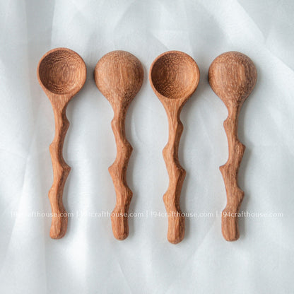 Set of five handcrafted branch-tree wooden spice spoons for measuring and serving small ingredients