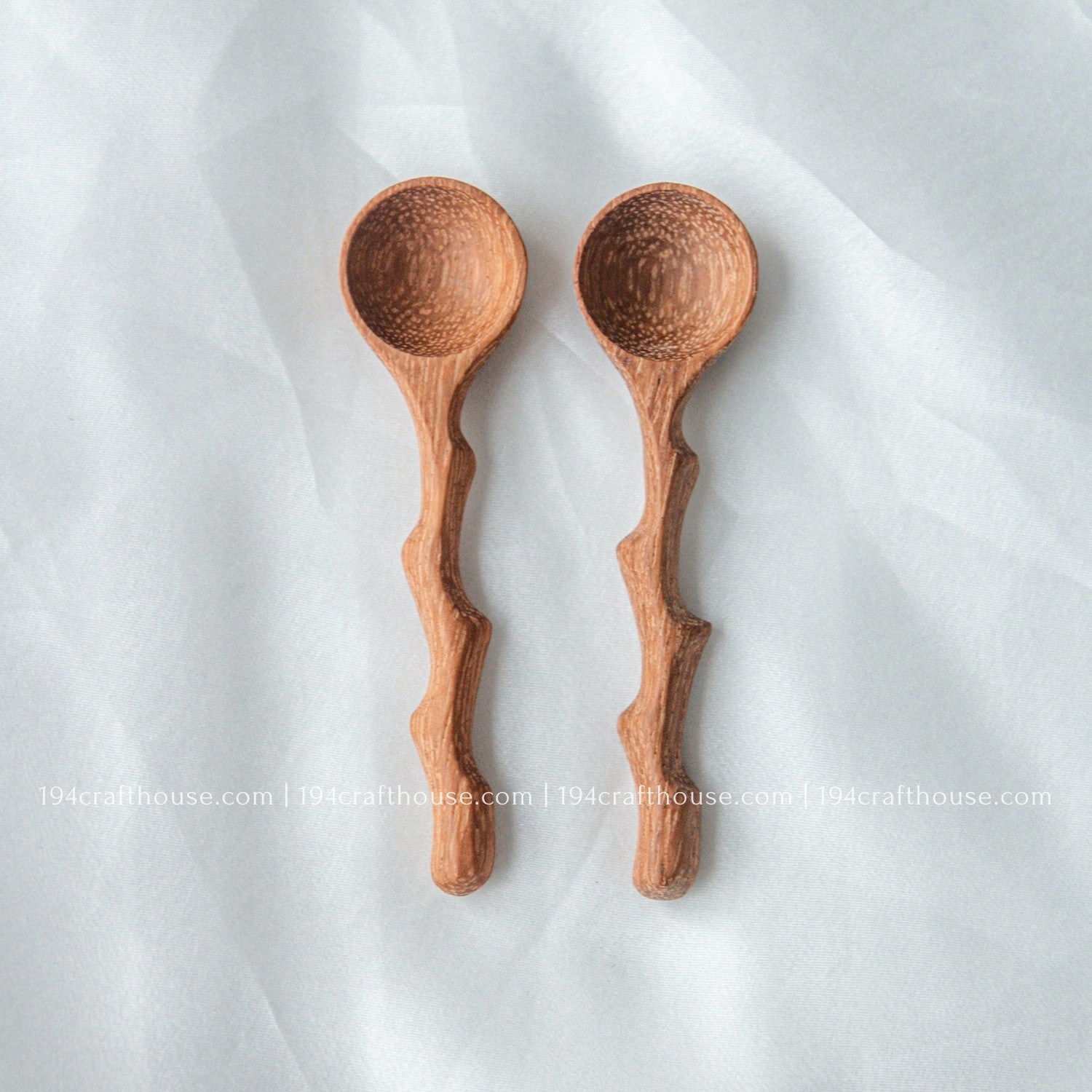 Set of two handcrafted branch-tree wooden spice spoons for coffee, tea, spices, sugar, and condiments