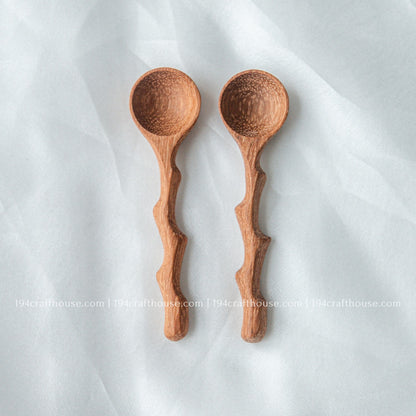 Set of two handcrafted branch-tree wooden spice spoons for coffee, tea, spices, sugar, and condiments