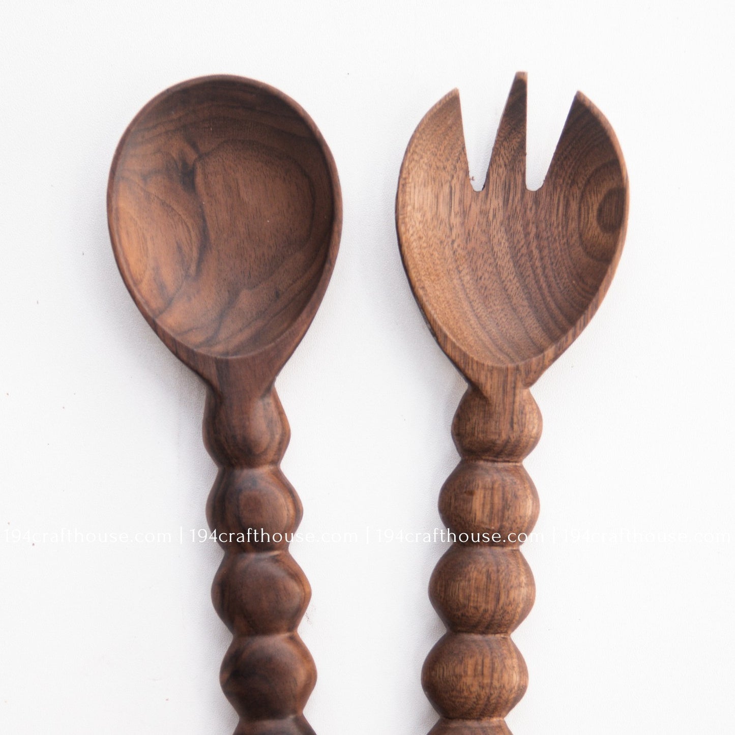 Walnut wood salad serving spoon and fork set with handcrafted decorative handles