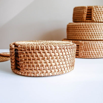 Handmade Round Rattan Coasters With Holder