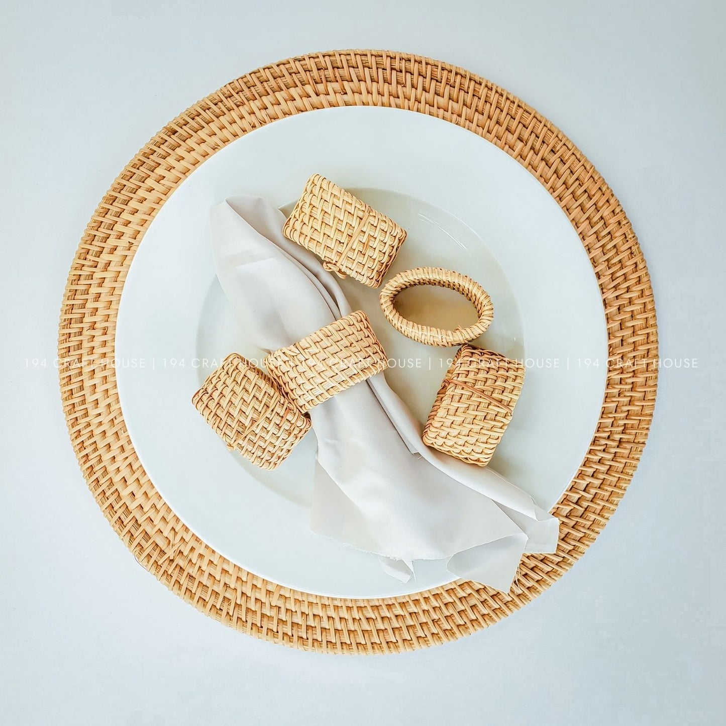 Round Rattan Placemats With Napkin Rings Set of 6