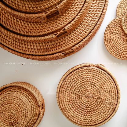 Handwoven Round Rattan Placemats Set With Holder