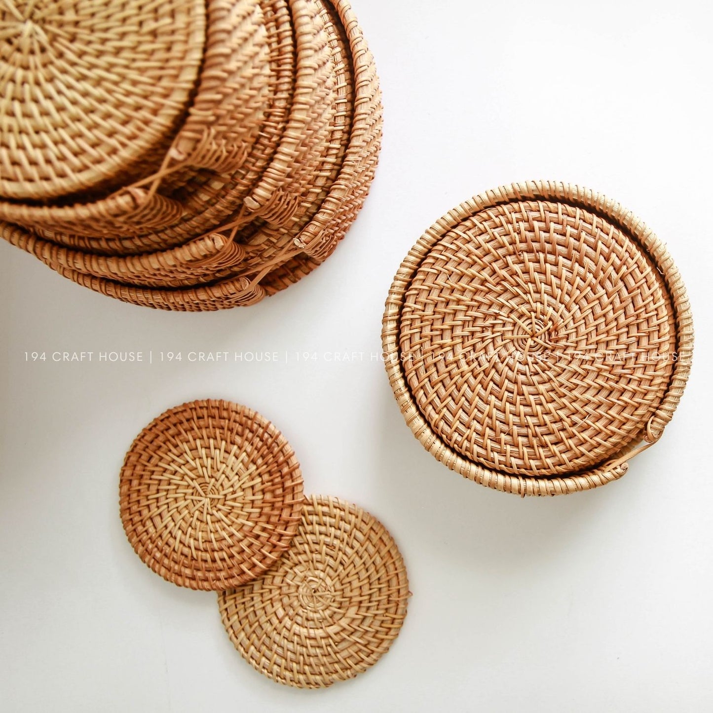 Handwoven Round Rattan Placemats Set With Holder