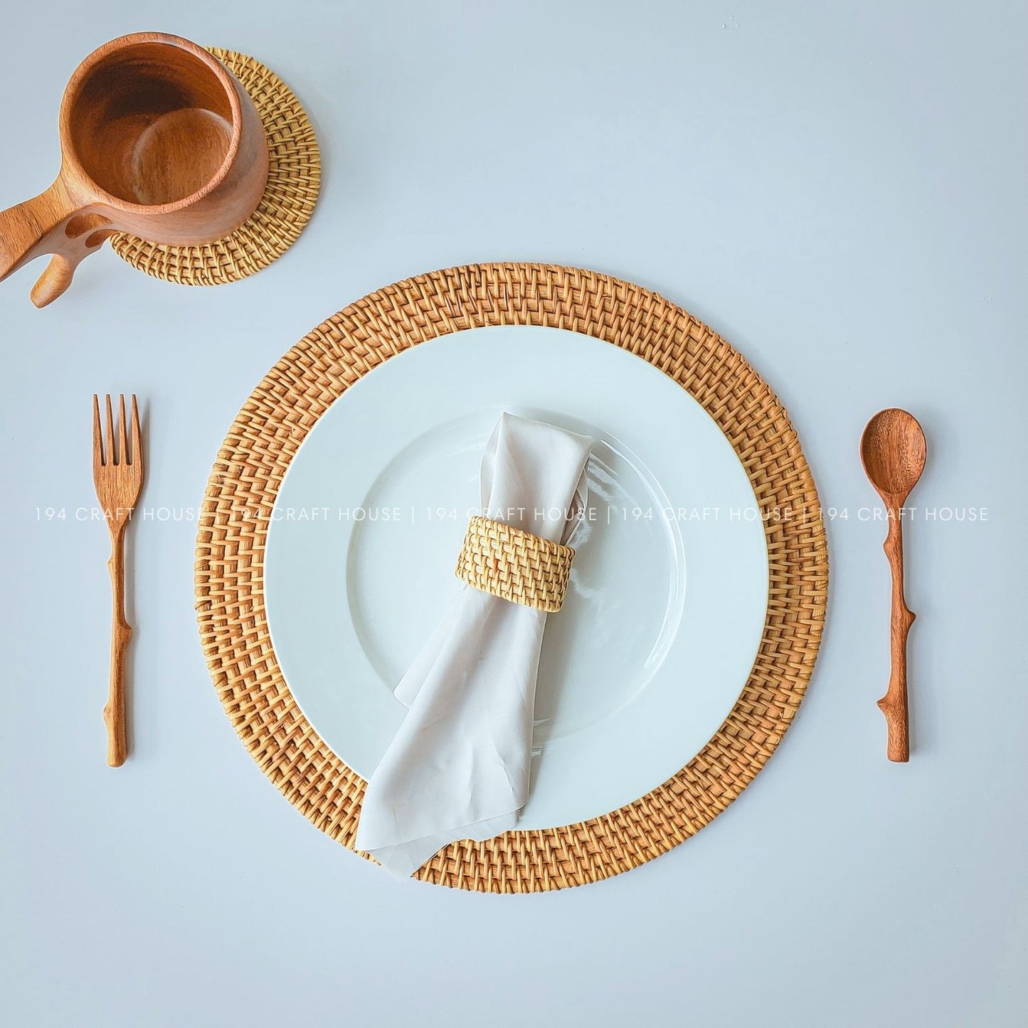 Round Rattan Placemats With Napkin Rings Set of 6