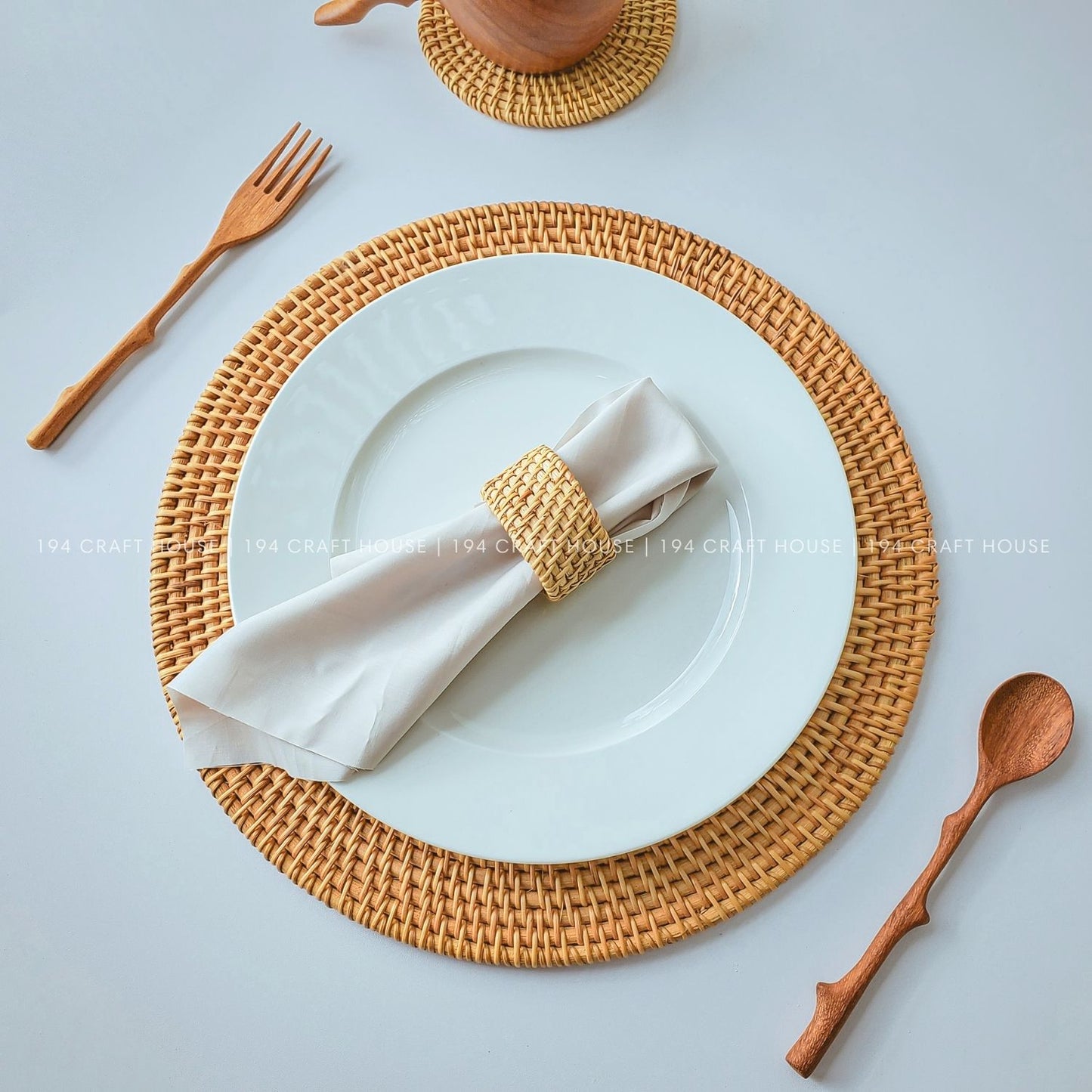 Rattan Placemats and Coasters and Napkin Rings Set of 6